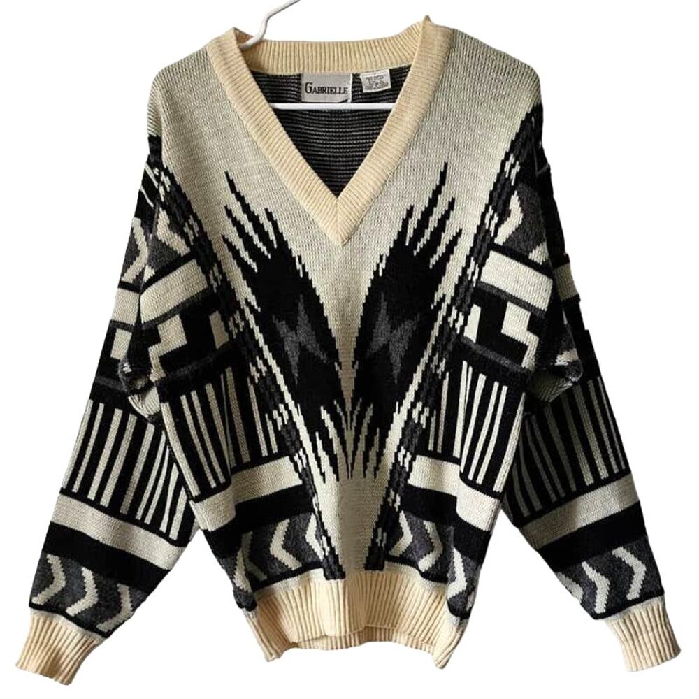 Vintage Gabrielle Knit V-Neck Pullover Southwest Print Sweater Large